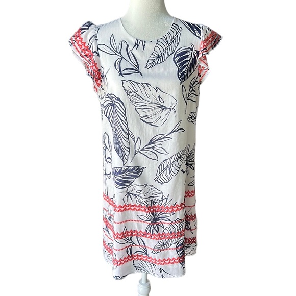 T H M L  white navy print shift dress contrasting embroidered flutter sleeves  M - Picture 2 of 10